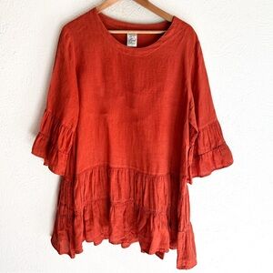 Match Point USA Linen Tiered Tunic Top Rust Orange Boho Bell Sleeves Sz Medium